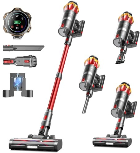 Cordless Vacuum Cleaner, 650W/55KPa 70Mins Vacuum Cleaners for Home, Self-Standing Stick Vacuum with Anti-Tangle Brush & OLED Touch Screen, Vacuum Cleaner for Hardwood Floors,Carpet,Pet Hair,Car (Red)
