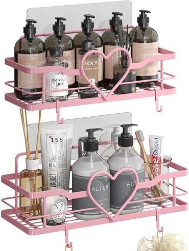 2 Stück Duschablage Ohne Bohren, Rosa Duschregal mit 4 Haken, Dusche Halterung Duschkorb zum kleben, Shower Shelf Badezimmer Bad Bathroom Organizer Regal, Shampoo Halterung für Dusche