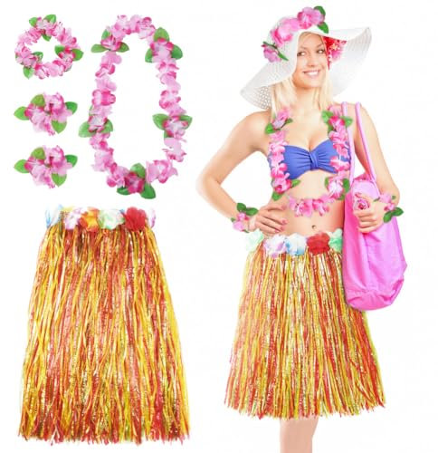 Aomig Hawaii Mottoparty Kostüme Set Rock, Hawaiian Gras Hula Rock Sets, 60cm Lange Hawaiianischer Grasrock mit Halskette Armbänder Haarblume Grasröcke für Cheerleading Strand Party Ostern (Bunt)