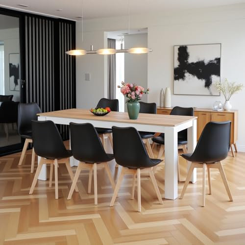 FURNITABLE Esstisch mit 8 Stühlen Esszimmergruppe, Esszimmerstühle und Rechteckig Küchentisch Essgruppe Sitzgruppe für Wohnzimmer Küche Büro(160cm Eiche-Weiß Tischbein Tisch+8 Schwarz Stühle)