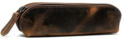 WANDERINGS Vintage Leder-Stiftemäppchen – 18 cm / 7 Rund – Handgefertigte Braune Leder-Reißverschlusstasche – Stifteetui für Herren & Damen – Reise-Make-up, Schmuck & Handtasche Kosmetiktasche