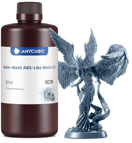 ANYCUBIC Wasser Waschbares ABS-Like Resin 3.0, Grau 1000g | 3D Drucker Resin Geruchsarm, Hohe Härte und Zähigkeit, 405nm UV-härtendes Harz für alle Resin 3D Drucker