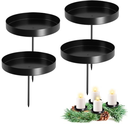 4er Kerzenhalter Adventskranz Metall, 8cm Kerzenteller für Stumpenkerzen | Candle Holder Schwarz, Kerzenständer mit Dorn stabkerzen Halter für Kerzen Weihnachten Deko Tischdeko