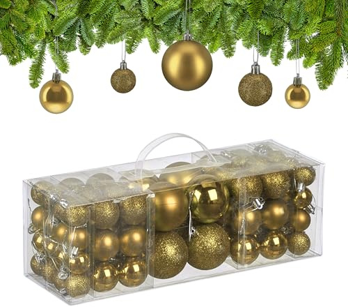 Relaxdays Weihnachtskugeln im 76er Set, Kunststoff, glitzernde, Matte, glänzende Baumkugeln, Christbaumschmuck, Gold