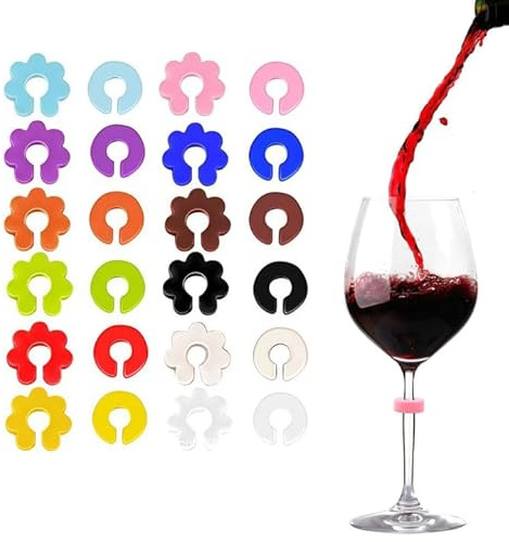 Dreamil 24 Stücke Bunte Silikon Glasmarkierer, Wiederverwendbare Glasmarker für Trinkgläser Weinglas Champagnergläser Cocktailglas Bar Party Deko, Glas Markierung Weinglasmarker Wein Trinken Marker