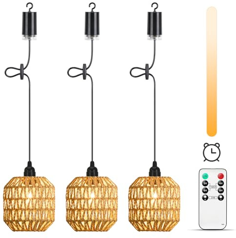 Lightsjoy 3x Hängelampe mit Batterie Outdoor Pendelleuchte Dimmbar Hanging | Rattan Hängeleuchte ohne Stromanschluss, Batteriebetrieben mit Fernbedienung, IP65 für Innen Außen, Timer, mit Glühbirne
