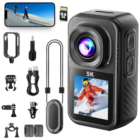 Action Cam 5K,Mini Sportkamera WiFi mit 64G Speicherkarte,Wasserdichter Körperkamera Mit Doppelseitigen Displays Vorne und Hinten,Unterwasserkamera&Vlog Kamera für Schwimmen Haustiere Fischer
