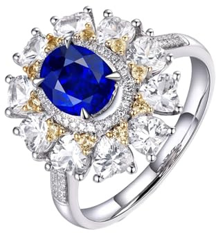 Homxi Verlobungsringe Damen Ringe Weißgold 9 K, Blume und 4 Zinken Oval mit Saphir 1,69 Karat und Diamant, Damen Ringe Verlobung Blau Silber, Gr. 52 (16.6)