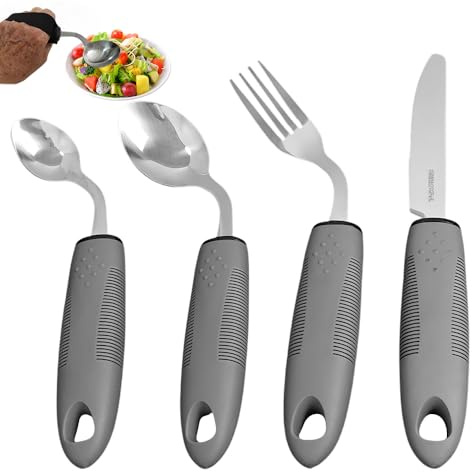 4PCS Adaptive Utensils Set– 42° Angled, Disabled Cutlery for Adults, Cutlery for Arthritic Hands, Weighted Bendable Cutlery with Easy Grip Handle, Eating Aid for Arthritis Parkinson Hand Tremors