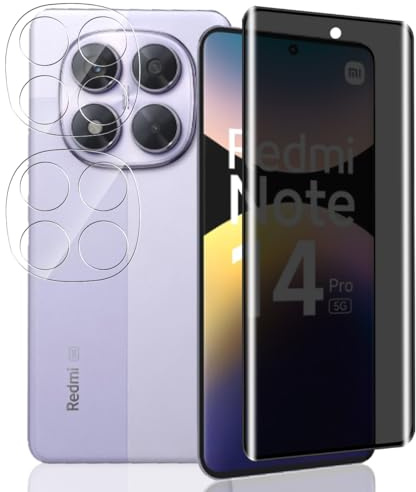 Yieehhow [1+2 Piezas] Protector Pantalla para Xiaomi Redmi Note 14 Pro 5G (6.67) Vidrio Película de Privacidad y Protector Cámara, 9H Anti Espía Cristal Templado para Redmi Note 14 Pro 5G (6.67)