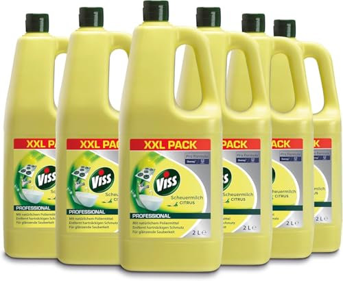 Viss Professional 7510838 Citrus, Scheuermilch mit Zitrusduft für Herde, Glaskeramikkochfelder, Arbeitsflächen, Spülen, Badenwannen, Waschbecken, WC und Kacheln, 6 x 2 L