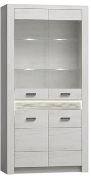 Mirjan24 Vitrine Indiano I-03, Glasvitrine, Standvitrine, Vitrinenschrank, Hochschrank, Modernes Wohnzimmer Set (Kraft Weiss, mit warmweißer LED-Beleuchtung)