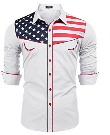 COOFANDY Herren amerikanische Flagge Hemden Freizeit Langarm-Western-Hemd x-Large weiß