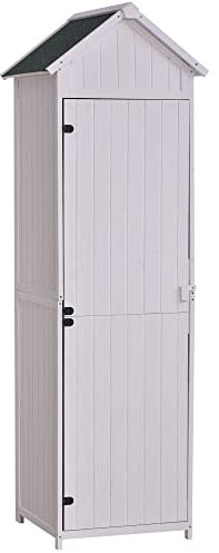 Outsunny Armoire abri de Jardin Remise pour Outils 3 étagères Porte loquet Toit Pente bitumé 68L x 65l x 214H cm pin Massif traité Blanc