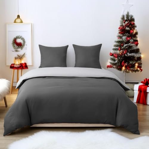 QZY 3teilig Bettwäsche 50% Baumwolle mit Reißverschluss - 200x200cm und 2x80x80cm Kissenbezug | Dunkelgrau/hellgrau