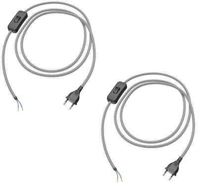 ledscom.de 2 pezzi Spina Euro tipo C con cavo tessile, interruttore, 2 m, nero, bianco, dentellato, 2 x 0,75 mm²