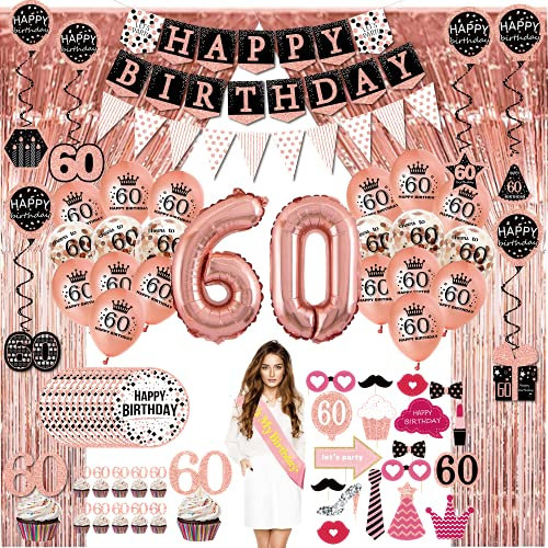 60 geburtstag deko frau geschenk - (76pack) Roségold party Banner, Wimpel, Spiral Girlanden, ballons, Lametta Vorhänge, Cupcake Topper, Pappteller, Foto Requisiten, Geburtstag Schärpe