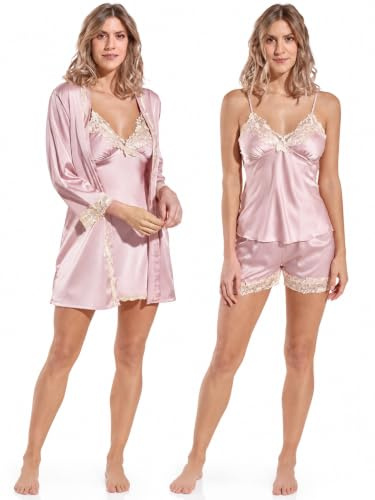 Laura in - Pigiama da Donna in Raso setoso, Tinta Unita, Lingerie Pigiami con Pizzo, Set da 5 Pezzi Robe Accappatoio, Camicie da Notte, Top, Pantaloni, Pantaloncini.