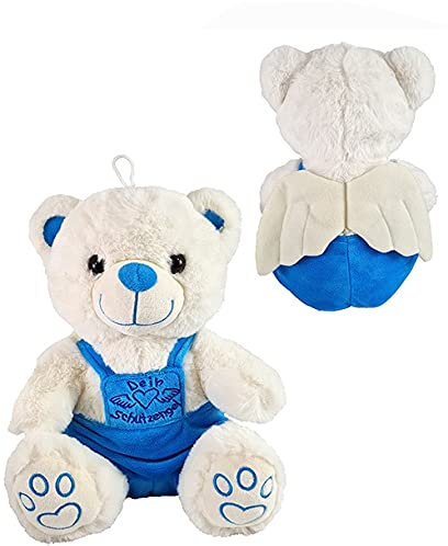 VRasehorn Schutzengel Bär ca. 32 cm Plüsch sitzend mit Flügeln- Schutzengelbär - Glücksbär Teddy -Teddybär Engel - Blau