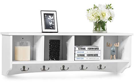 COSTWAY Étagère de Rangement Mural, Porte-Manteau Mural avec 4 Compartiments et 5 Crochets Doubles, 72 x 15,5 x 23 cm, pour Entrée, Salon, Cuisine (Blanc)