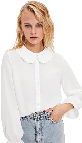 Trendyol Chemises tissées à col Claudine Basique surdimensionné pour Femme, Blanc, 64