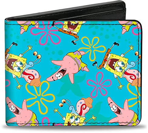 Buckle-Down Herren Nickelodeon Geldbörse, Bifold, Patrick und Gary Joy Poses and Flowers Blues, veganes Leder, Spongebob Schwammkopf, 10,2 x 8,9 cm, SpongeBob Schwammkopf, 4.0 x 3.5, Nickelodeon