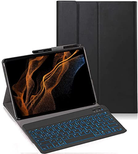 YHFZR Tastatur Hülle für Samsung Galaxy Tab S8 Ultra, [Deutsches QWERTZ] Slim Hülle mit 7 Farben Beleuchtung Kabellose Tastatur mit Schützhülle für Samsung Tab S8 Ultra 14,6'' X900/X906, Schwarz