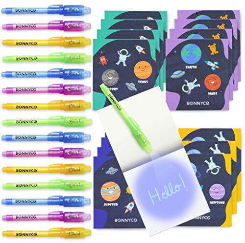 BONNYCO UV Stift und Notizbuch 16 Stück Weltraum Mitgebsel Kindergeburtstag | Weltraum Kindergeburtstag Gastgeschenke, Adventskalender und Kleine Geschenke für Kinder, Geburtstagsdeko Astronaut