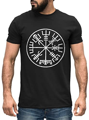 Neverless® Herren T-Shirt Vegvisir Runenkompass Wikinger Kompass nordische Mythologie Kelten Germanen schwarz XS