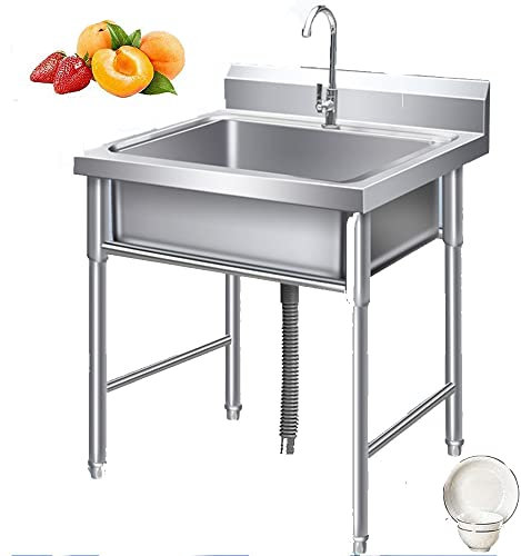 SHENGSHIYU Küchenspüle Aus Edelstahl Mit Wasserhahn, Universalspüle Mit Verstellbaren Beinen Für Esszimmer, Außenküche,Wasserhahn Und Spritzschutz 100mm,60×60×80cm-1.0mm