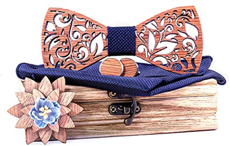 RQPYQF Noeud Papillon Bois, Ensemble de 4 Pièces Noeud Papillon en Bois et Boutons de Manchette et Broche en Bois et Carré de Poche, Fait Main, Accessoire Mode (Style#27)
