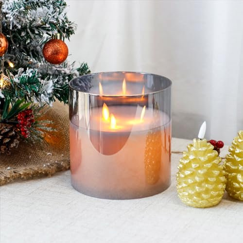 JHY DESIGN Flammenlose Kerzen aus Glas mit 3 Dochten Batteriebetrieben, Tanzende Flamme LED-Stumpenkerzen mit 6-Stunden-Timer Kerze mit beweglichem Docht für Zuhause Hochzeit, Party, Festival (Grey)