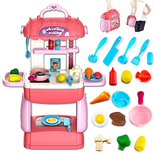 TOYVENTURES 31 PCS Kids Kitchen Toy Pretend Cooking Set, Cookware Playset Food Toy with Pans, Cooking Utensils and Food Accessories Pretend Play Educational Gifts for Boys and Girls Age 3+