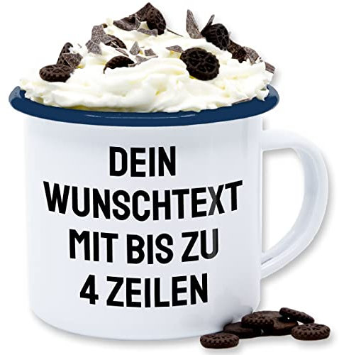 Emaille Tasse Blechtasse - Aufdruck selbst gestalten - Wunschtext I Eigener Text I Personalisierter Text I Custom Text - 300 ml - Weiß Blau - kaffeebecher bedrucken tassen personalisieren