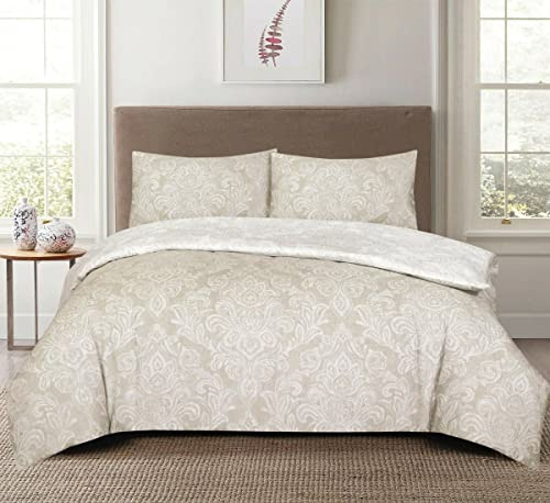 3 Pieces New Luxurious Super Soft Duvet Cover Set Cotton Rich Reversible Quilt Cover Bedding Set With 2 Pairs Pillowcases (Damask Cream Beige, Double)