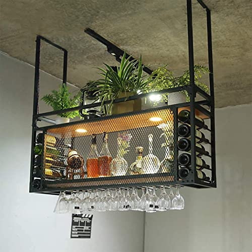 NileMAll Eisenstangen-Deckenregal, hängende Weinglasregal-Decke mit Lichtern, hängendes Deckenregal aus Massivholz, Lagerregal, schwebender Weinflaschenhalter