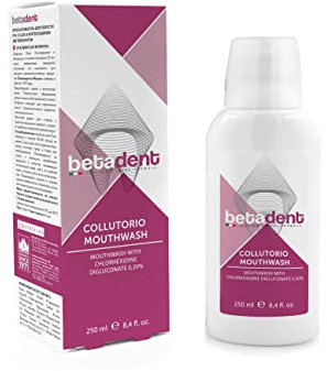 Betadent COLLUTORIO CON CLOREXIDINA 0,20%. Contrasta placca, carie, gengiviti. Ideale in caso di gengive irritate e infiammate e in seguito a trattamenti odontoiatrici chirurgici.- 250 ml