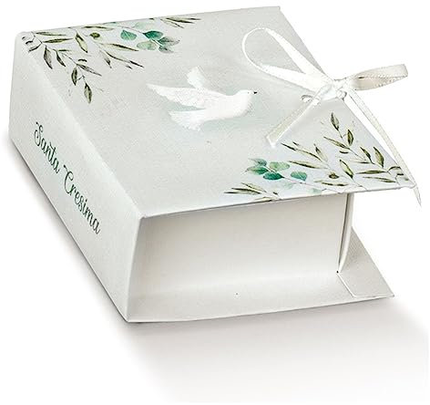 Scatola portaconfetti a Forma di Libro di Colore Bianco con Colomba e ramoscello di ulivo 7 x 6 x 3 cm Confezione 10 pz