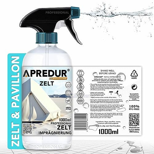 APREDUR 1L Zelt PAVILLON Camping Jurte Glamping Imprägniersprey Imprägniermitel für synthetische und Baumwollstoffe Lösemittel und PFC-Frei (1L Spray)