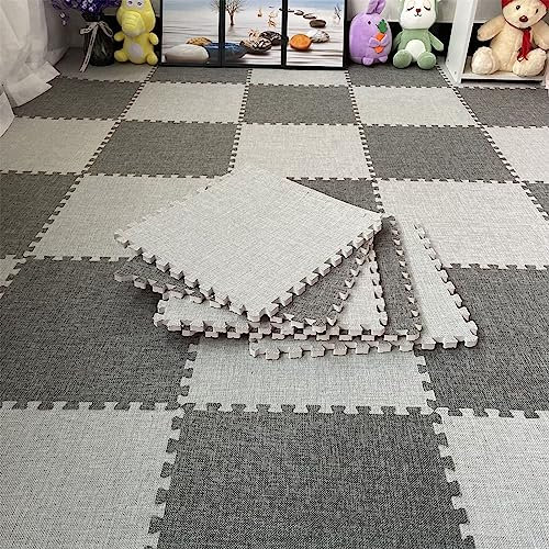 20 Pcs Square Interlocking Plush Foam Floor Mat Cotton Linen Foam Carpet Tiles With Border Fluffy Play Mat Soft Area Rugs For Home Playroom Decor,12 X 12in(Color:Dark grey + light grey)
