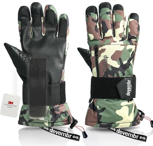 devembr Skihandschuhe mit Handgelenkschützern, Warme Snowboardhandschuhe für Herren und Damen, Camouflage, S