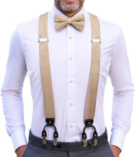 Hi-Tie Straps-Fliege für Herren, verstellbar, Y-Form, 6 Clips, Hosenträger, vorgebundene Fliege mit Taschentuch-Manschettenknöpfen, Champagner, M