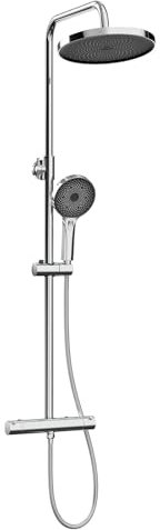 EMKE Duschsystem mit Thermostat Design Regendusche und 3 Strahlarten Handbrause,38℃ Thermostat Duschsystem, Freie Winkel- und Höhenverstellung Duschset, KTW Zertifizieren,Rund Duschsystem,Chrom