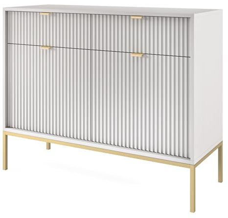 Selsey Vellore - Sideboard Kommode 2-türig mit 2 Schubladen, Grau mit geriffelten Fronten und goldenen Metallbeinen, 104 cm
