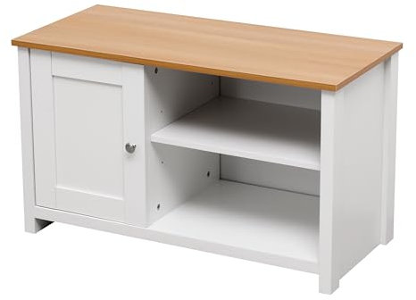 Kingwudo® Wooden TV Unit TV Stand Cabinet with 1 Door and Shelves TV Storage Unit Entertainment Multimedia Centres for Living Room Furniture, White or Grey (White+Oak Color)