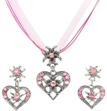 Lucktao 3 Stück Trachtenschmuck Damen Pink schmuck Trachtenkette,Strass Edelweiß Herz Anhänger,Edelweiß Ohrstecker vielen Farben Anhänger Trachtenschmuck Kette für Dirndl und Lederhose Damen (Rosa)