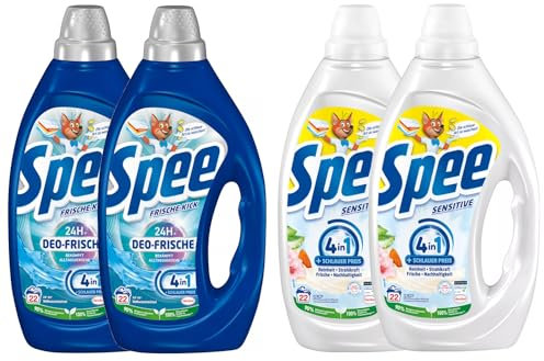 SPEE Gel-Set 4x 22 Waschladungen (88WL) 1x Deo-Frische Frische-Kick, Flüssigwaschmittel & 1x Sensitive, Waschmittel mit 4 + 1 Formel, Waschmittel für Temperaturen von 20° - 95° C
