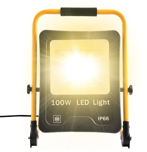 SUBTLETY 100W LED Baustrahler Baustellen Arbeitsstrahler mit 3m Netzkabel & U-Form Stativ Strahler für Arbeitsbeleuchtung IP66 Wasserdicht Fluter Arbeitsleuchte für Innen- & Außenbereich (Warmweiß)