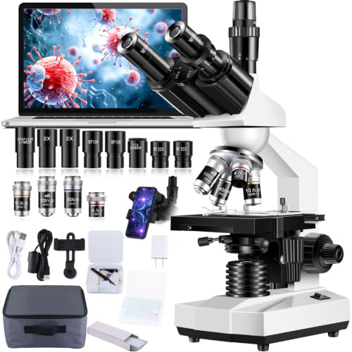 Woehrsh Trinocular Microscope 40X-5000X Magnification Laboratory Grade with Dual Mechanical Stage and HD USB Camera Microscopes for Adults（Adult Trinocular Microscope with Electronic Eyepiece）