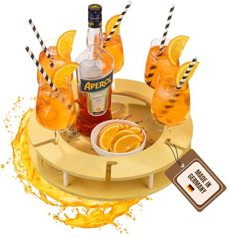 INEXTERIOR AperolBar für 6 Gläser – LilletBar – WeinBar – Tablett für Weingläser und Aperitifs – Beeren und Orangen Designs – Geschenk für Aperol, Lillet oder Wein Liebhaber (Gelb, AperolSpritzRezept)